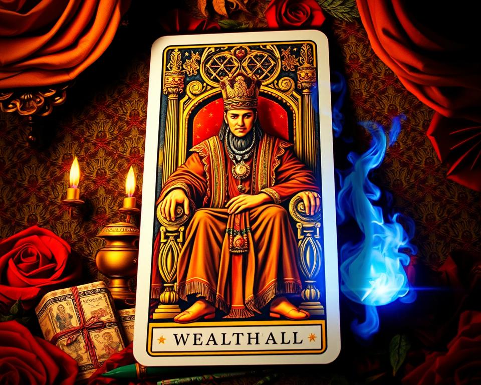 A captivating tarot card depicting the energy of wealth and abundance. The card's design features a striking, intricately detailed illustration of a richly adorned figure seated on a throne, surrounded by symbols of prosperity and opulence. The figure's regal pose and confident expression convey a sense of power and control over material resources. The background is filled with lush, vibrant colors and patterns, creating a sumptuous, luxurious atmosphere. Dramatic lighting casts dramatic shadows, adding depth and drama to the scene. The overall composition is balanced and visually striking, inviting the viewer to contemplate the energy and potential of wealth and financial well-being.
