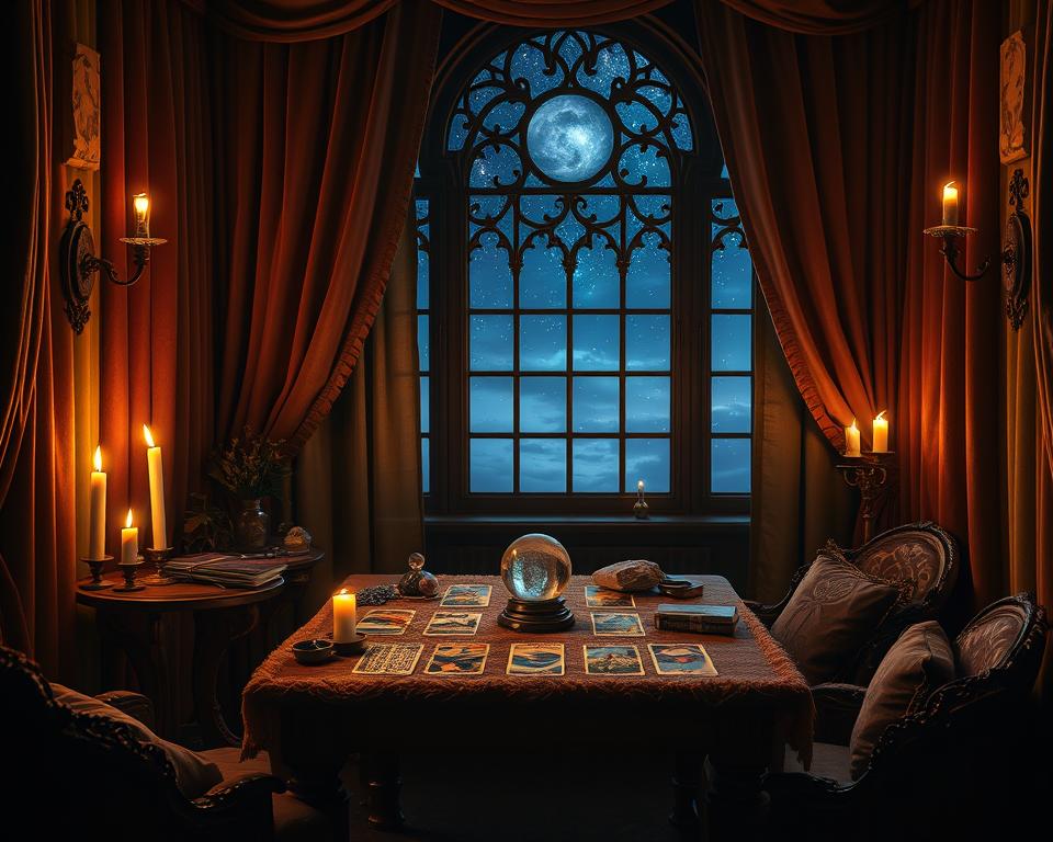 A cozy, candlelit room with a wooden table in the center, adorned with a plush tarot cloth, a crystal ball, and an assortment of tarot cards. The walls are draped in rich, velvet curtains, creating a sense of privacy and mysticism. Soft, ambient lighting from wall sconces casts a warm glow, highlighting the ornate details of the space. Dried herbs and crystals are scattered around the room, adding to the sacred, meditative atmosphere. A large, ornate window in the background provides a glimpse of a serene, starry night sky, hinting at the cosmic forces at play. This intimate, sacred space is the perfect setting for a deep, introspective tarot reading.