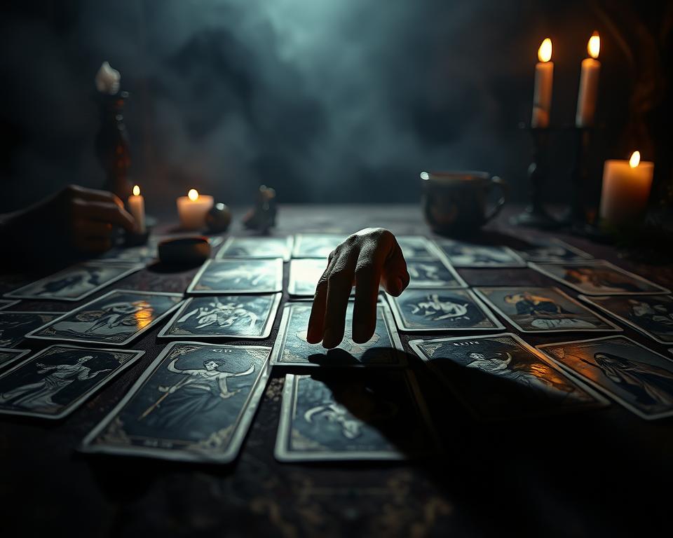 A dimly lit, mystical tarot card table with a spread of cards in the foreground, casting long shadows. In the middle ground, a hand reaches out to touch the cards, its fingertips barely grazing the intricate illustrations. The background is hazy, with flickering candlelight and a sense of foreboding, as if the reader is on the cusp of uncovering a profound, yet potentially troubling, truth. The overall atmosphere is one of tension and anticipation, hinting at the "errors" that can lead to an unclear or unsatisfying tarot reading.