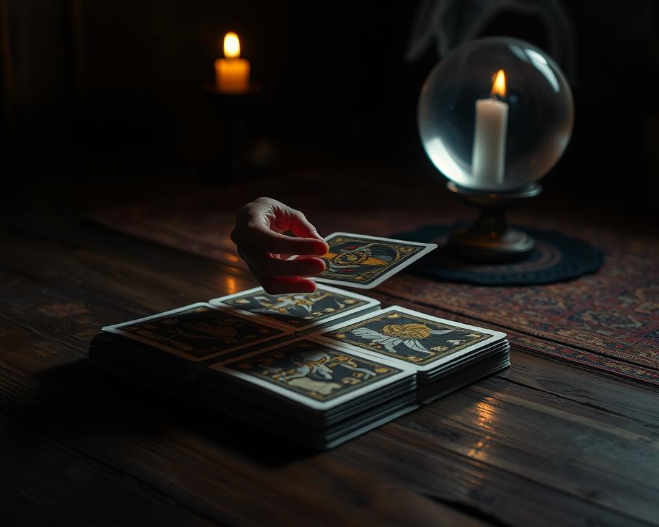 A dimly lit room, the air heavy with the scent of incense. On a wooden table, an open tarot deck, the cards casting shadows across the surface. A pair of hands, delicate and precise, shuffle the cards with practiced ease. The light from a single candle flickers, casting a warm glow on the scene. In the background, the faint outline of a crystal ball, its surface reflecting the dance of the cards. The mood is one of introspection and quiet contemplation, a moment of seeking guidance and understanding. The image captures the essence of a tarot reading, a consultation on the path to abundance and prosperity. A dimly lit room, the air heavy with the scent of incense. On a wooden table, an open tarot deck, the cards casting shadows across the surface. A pair of hands, delicate and precise, shuffle the cards with practiced ease. The light from a single candle flickers, casting a warm glow on the scene. In the background, the faint outline of a crystal ball, its surface reflecting the dance of the cards. The mood is one of introspection and quiet contemplation, a moment of seeking guidance and understanding. The image captures the essence of a tarot reading, a consultation on the path to abundance and prosperity.