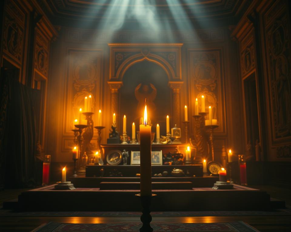 A dimly lit, sacred space with a central altar adorned with candles, crystals, and symbolic objects. The room is bathed in a warm, golden glow, creating a serene and contemplative atmosphere. The walls are decorated with intricate tapestries and carvings, hinting at the rich cultural heritage of the ritual. In the foreground, a single, unlit candle stands, waiting to be ignited as part of the Abundance Ritual. The background fades into a hazy, dreamlike quality, suggesting a realm of the divine and the unseen. The overall composition evokes a sense of reverence, spirituality, and the potential for transformation. A dimly lit, sacred space with a central altar adorned with candles, crystals, and symbolic objects. The room is bathed in a warm, golden glow, creating a serene and contemplative atmosphere. The walls are decorated with intricate tapestries and carvings, hinting at the rich cultural heritage of the ritual. In the foreground, a single, unlit candle stands, waiting to be ignited as part of the Abundance Ritual. The background fades into a hazy, dreamlike quality, suggesting a realm of the divine and the unseen. The overall composition evokes a sense of reverence, spirituality, and the potential for transformation.