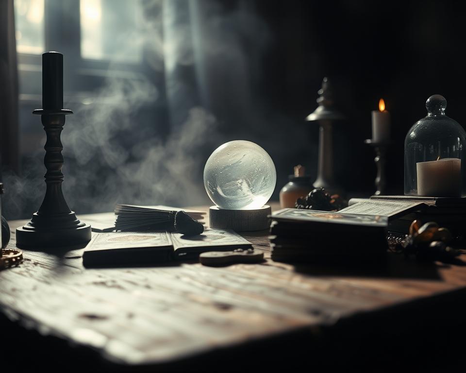 A dimly lit tarot card reading table, with a crystal ball, tarot cards, and other mystical accoutrements artfully arranged. The tabletop is made of aged, weathered wood, and the background is shrouded in a soft, hazy light, creating an aura of mystery and introspection. The arrangement is captured from a low angle, giving the viewer a sense of being drawn into the scene. The overall mood is one of contemplation and guidance, inviting the viewer to explore the secrets of the tarot.