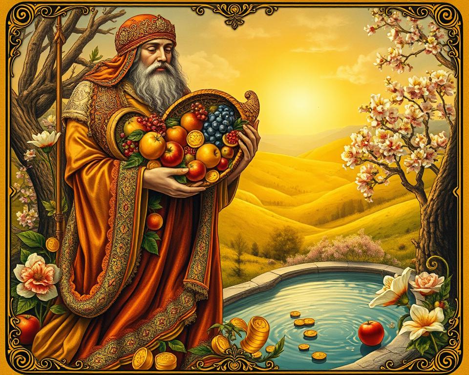 A lush, ornate tarot card depicting the concept of abundance and prosperity. The foreground features a central figure holding a cornucopia, overflowing with an array of bountiful fruits, flowers, and golden coins. The figure's robes are richly detailed, with intricate patterns and embroidery. The middle ground showcases a serene, natural landscape, with rolling hills, blooming trees, and a clear, reflective pool. The background is illuminated by a warm, golden light, casting a soft, ethereal glow over the entire scene. The composition is balanced and harmonious, conveying a sense of balance, fulfillment, and wealth. The overall mood is one of abundance, tranquility, and prosperity. A lush, ornate tarot card depicting the concept of abundance and prosperity. The foreground features a central figure holding a cornucopia, overflowing with an array of bountiful fruits, flowers, and golden coins. The figure's robes are richly detailed, with intricate patterns and embroidery. The middle ground showcases a serene, natural landscape, with rolling hills, blooming trees, and a clear, reflective pool. The background is illuminated by a warm, golden light, casting a soft, ethereal glow over the entire scene. The composition is balanced and harmonious, conveying a sense of balance, fulfillment, and wealth. The overall mood is one of abundance, tranquility, and prosperity.