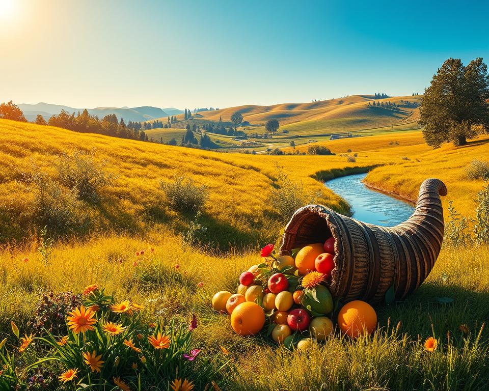A lush, sun-dappled meadow bathed in a warm, golden light. In the foreground, a cornucopia overflows with an abundance of fresh fruits, vibrant flowers, and verdant greenery, symbolizing gratitude and prosperity. The middle ground features a serene, meandering stream, its gentle waters reflecting the natural beauty surrounding it. In the distance, rolling hills and a clear, azure sky complete the idyllic scene, conveying a sense of tranquility and inner peace. The overall mood is one of abundance, contentment, and deep appreciation for the gifts of the natural world.