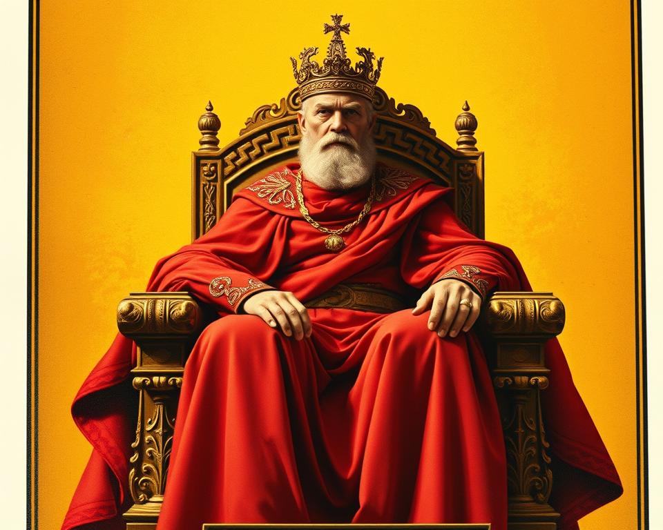 A majestic tarot card, "L'Empereur," stands proud and commanding in the center of the frame. The Emperor, draped in a regal crimson cloak, sits on a throne adorned with intricate carvings, symbolizing power and authority. His stern gaze and unwavering posture evoke a sense of determination and leadership. The background is a warm, golden hue, creating a sense of prosperity and success. Soft, directional lighting highlights the Emperor's features, casting dramatic shadows and adding depth to the composition. The overall atmosphere is one of confidence, triumph, and the promise of prosperity.