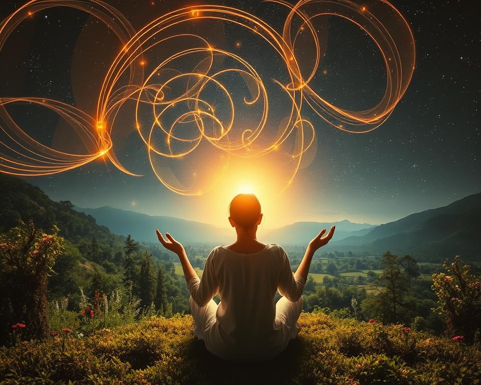 A mystical, ethereal scene of "Affirmations puissantes pour l'abondance". In the foreground, a serene figure sits in a meditative pose, hands outstretched, palms upturned, emanating a golden glow. Swirling around them, delicate tendrils of light in shades of amber, ochre, and bronze, forming a halo-like effect. In the middle ground, a lush, verdant landscape with flourishing foliage and blooming flowers, symbolizing abundance and prosperity. The background depicts a starry night sky, the cosmos twinkling with celestial energy, lending an auspicious, transcendent atmosphere. The lighting is soft and diffuse, creating an ethereal, dream-like quality. Captured with a wide-angle lens to convey a sense of expansiveness and grandeur. A mystical, ethereal scene of "Affirmations puissantes pour l'abondance". In the foreground, a serene figure sits in a meditative pose, hands outstretched, palms upturned, emanating a golden glow. Swirling around them, delicate tendrils of light in shades of amber, ochre, and bronze, forming a halo-like effect. In the middle ground, a lush, verdant landscape with flourishing foliage and blooming flowers, symbolizing abundance and prosperity. The background depicts a starry night sky, the cosmos twinkling with celestial energy, lending an auspicious, transcendent atmosphere. The lighting is soft and diffuse, creating an ethereal, dream-like quality. Captured with a wide-angle lens to convey a sense of expansiveness and grandeur.