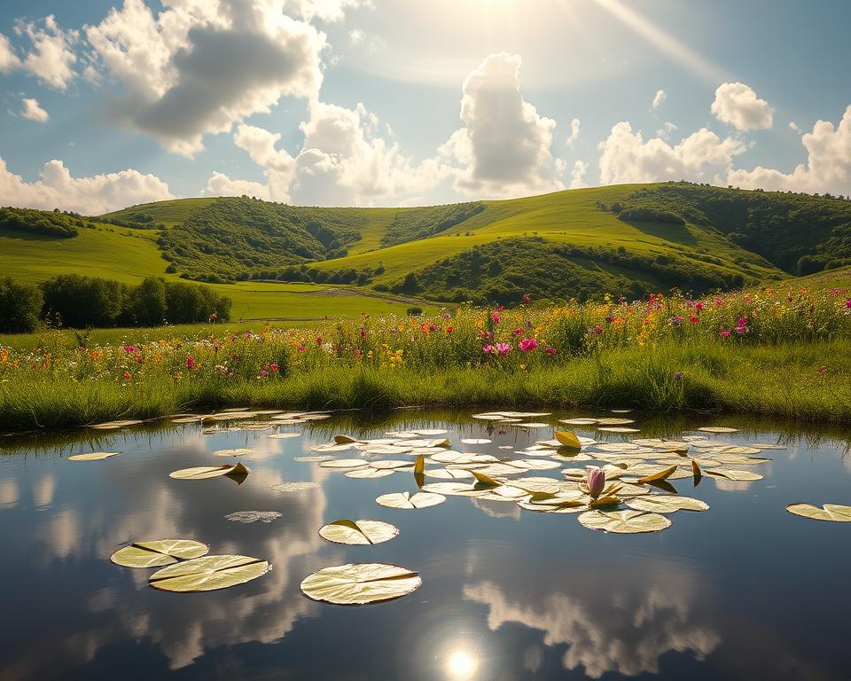 A serene and calming scene depicting the concept of "affirmations d'abondance". In the foreground, a tranquil pond reflects the sky above, with delicate lily pads floating peacefully on the surface. In the middle ground, a lush, verdant meadow is filled with an abundance of colorful wildflowers, symbolizing the growth and prosperity of the affirmations. In the background, rolling hills covered in vibrant green foliage create a sense of depth and expansiveness. The scene is illuminated by warm, golden sunlight filtering through wispy clouds, casting a soft, ethereal glow over the entire composition. The overall atmosphere is one of harmony, contentment, and the manifestation of abundance.