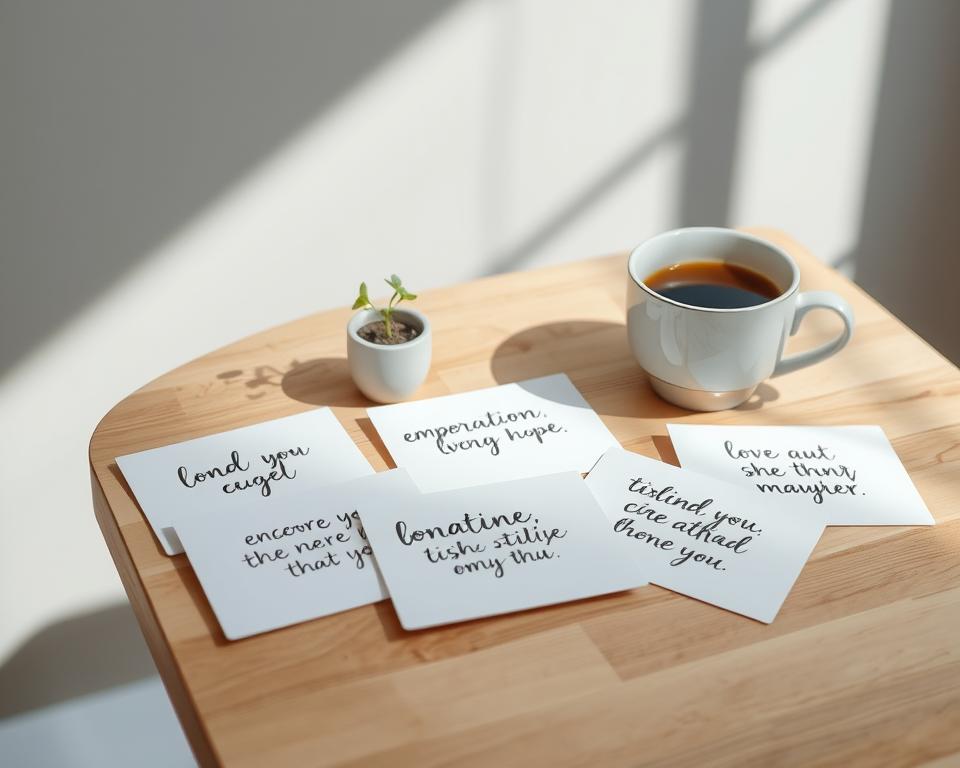 A serene and minimalist scene of affirmation cards resting on a wooden table, bathed in soft, natural light. The cards feature handwritten positive mantras in a variety of modern, calligraphic styles. A single potted plant and a cup of coffee or tea add a sense of tranquility and personal reflection. The composition is balanced and uncluttered, inviting the viewer to focus on the empowering messages and the simple act of morning affirmations. The overall mood is one of positivity, clarity, and self-care.