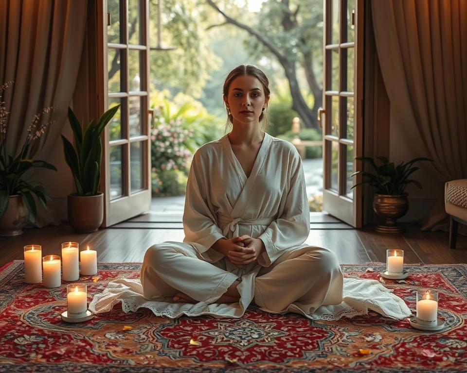 A serene and tranquil morning scene, with a person sitting cross-legged on a plush, ornate rug, surrounded by flickering candles and delicate flower petals. The lighting is soft and warm, creating a peaceful and contemplative atmosphere. In the background, a lush, verdant garden with swaying trees and a flowing stream can be seen through an open window, symbolizing the abundance and prosperity to be manifested. The model is wearing flowing, ethereal robes and has a serene, meditative expression, their hands resting gently in their lap. The overall composition evokes a sense of ritual, mindfulness, and spiritual connection.