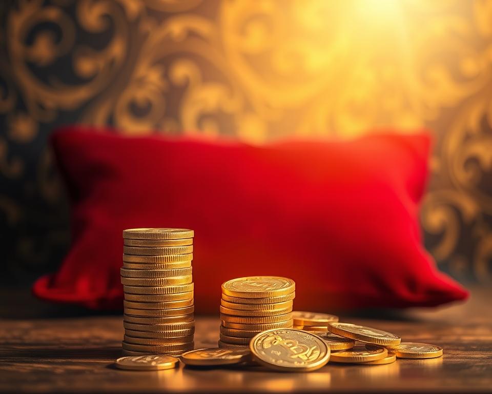 A serene and tranquil scene depicting the concept of "affirmations de prospérité". In the foreground, a stack of ornate golden coins, symbolizing financial abundance and wealth. In the middle ground, a luxurious red velvet cushion, suggesting comfort and opulence. Surrounding the coins, a halo of soft, warm lighting, creating an ethereal, almost divine atmosphere. In the background, a blurred, yet elegant backdrop of swirling, abstract patterns in shades of gold and burgundy, evoking a sense of mysticism and spirituality. The overall composition is balanced, harmonious, and invites the viewer to contemplate the power of positive affirmations in manifesting prosperity.