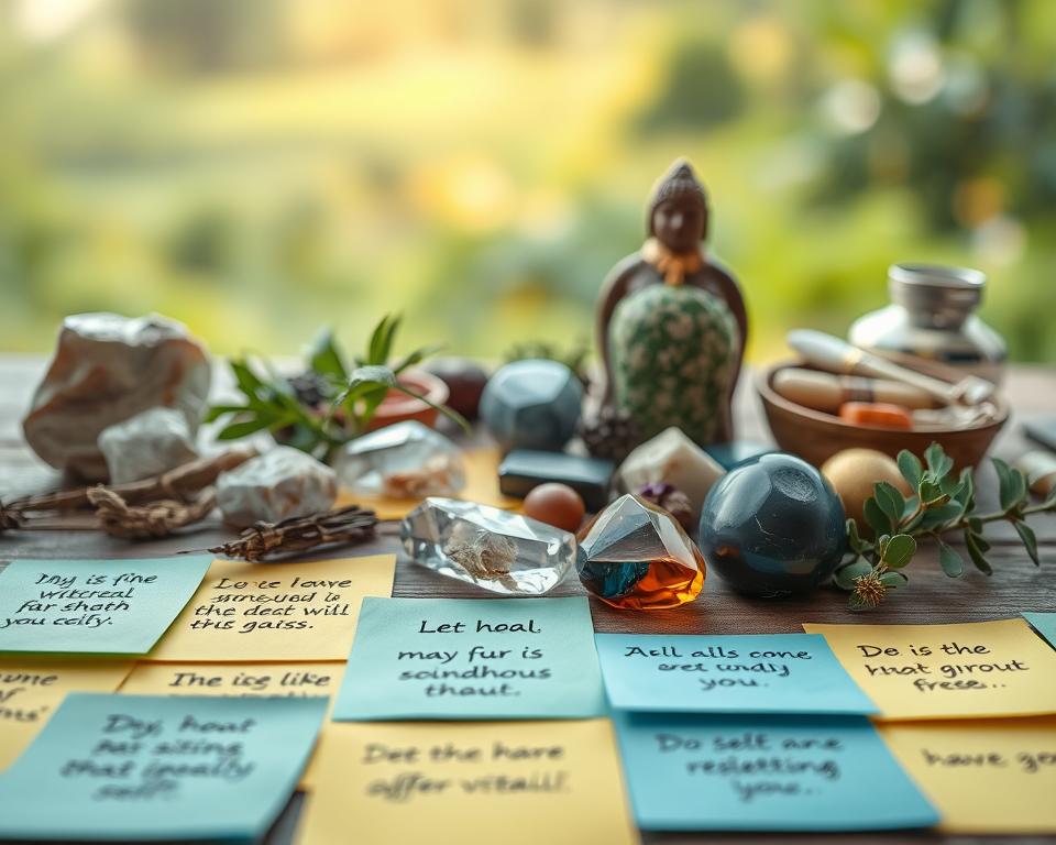A serene and tranquil scene of affirmations for health and well-being. In the foreground, a collection of handwritten affirmations on colorful sticky notes, expressing messages of self-care, mindfulness, and vitality. The middle ground features a calming array of healing crystals, herbs, and botanical elements, creating a soothing atmosphere. In the background, a blurred, soft-focus landscape with lush greenery and a gentle, warm-toned lighting, conveying a sense of inner peace and restoration. The overall composition evokes a harmonious and nurturing environment, perfect for visualizing and embodying the power of positive health affirmations.