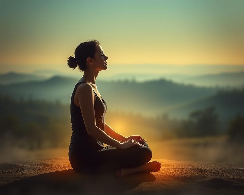 A serene, contemplative scene of a person experiencing an intuitive connection. In the foreground, a figure sits cross-legged, eyes closed, hands resting gently on their lap, surrounded by a soft, warm glow. The middle ground features a natural landscape - rolling hills, swaying trees, and a distant horizon. The background is bathed in a dreamlike, ethereal light, creating a sense of tranquility and inner awareness. The lighting is soft and diffused, lending a sense of peace and introspection. The overall composition evokes a moment of profound insight and intuitive understanding.