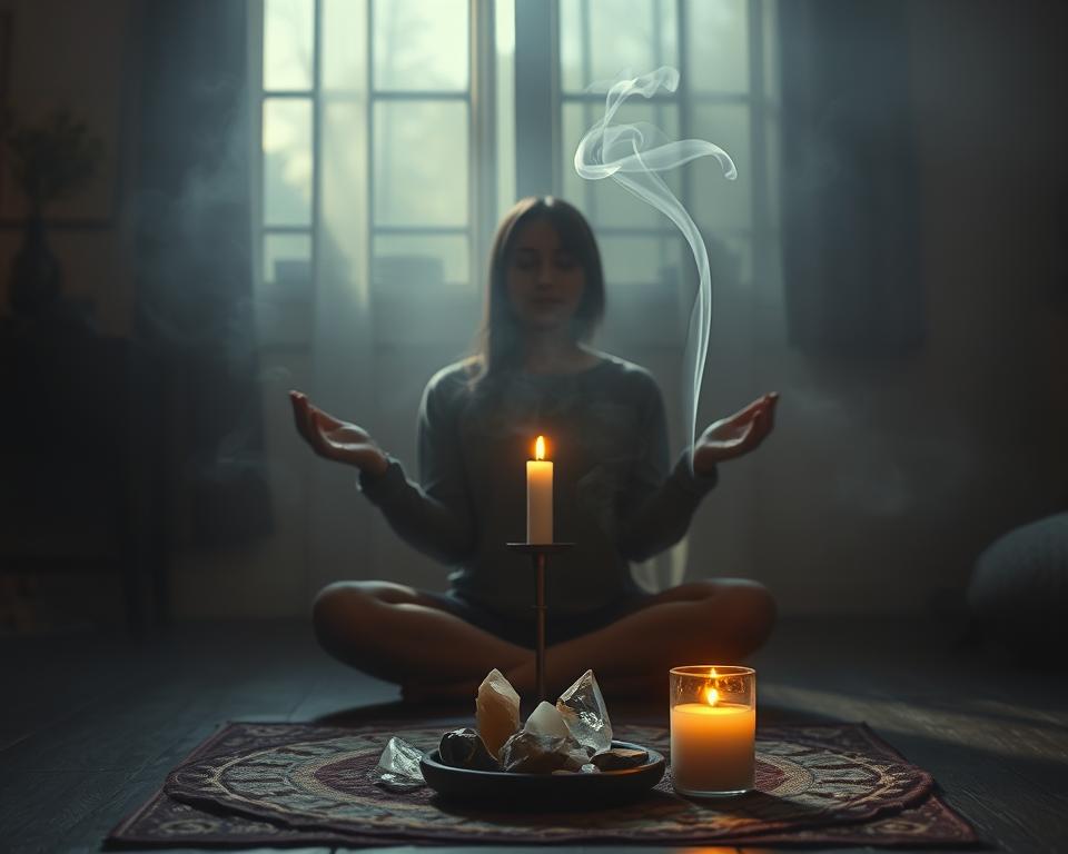 A serene, dimly-lit room with a flickering candle casting a warm glow. In the foreground, a person sits cross-legged, palms upturned, engaged in a meditative energy cleansing ritual. Wisps of sage smoke curl through the air, purifying the space. In the middle ground, crystals and sacred symbols adorn a small altar, their surfaces reflecting the candlelight. The background fades into a hazy, ethereal atmosphere, suggesting a transcendent, spiritual experience.