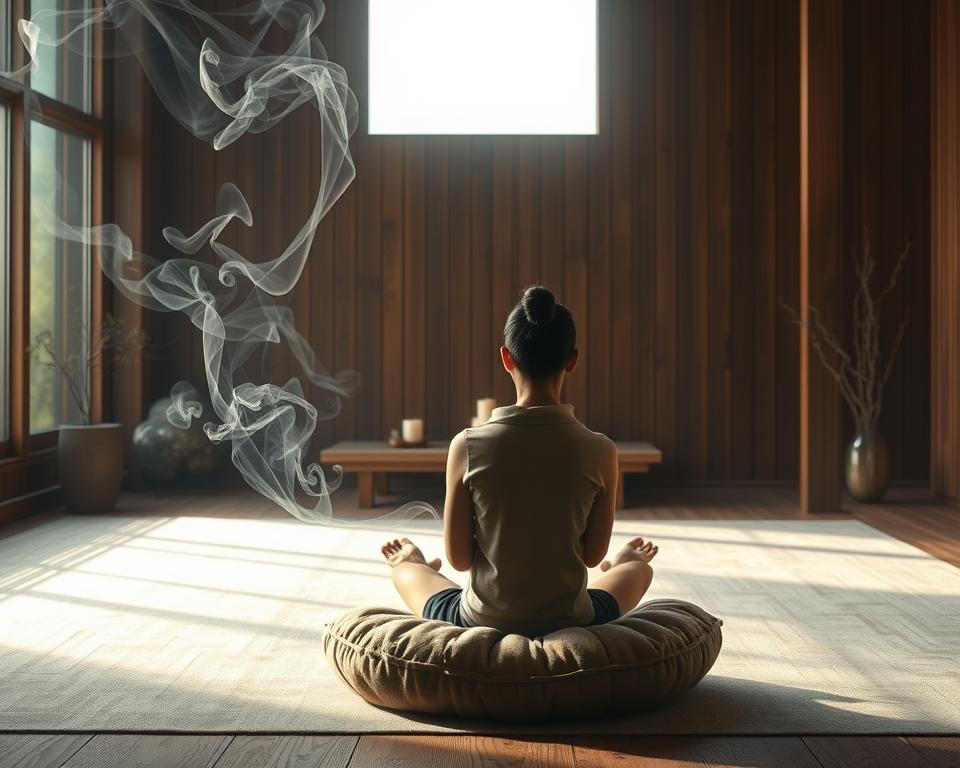 A serene indoor meditation space, bathed in soft, natural lighting. In the foreground, a person sits cross-legged on a plush, earth-toned cushion, their eyes closed in deep contemplation. Wispy tendrils of incense curl upwards, creating a hazy, ethereal atmosphere. The middle ground features a simple, minimalist altar adorned with a single candle and a small bowl of river stones. The background is dominated by a large window, allowing the gentle glow of a crescent moon to spill into the room, casting a tranquil, lunar ambiance. Textures of wood, linen, and stone create a soothing, grounded feel, inviting the viewer to pause and reflect. A serene indoor meditation space, bathed in soft, natural lighting. In the foreground, a person sits cross-legged on a plush, earth-toned cushion, their eyes closed in deep contemplation. Wispy tendrils of incense curl upwards, creating a hazy, ethereal atmosphere. The middle ground features a simple, minimalist altar adorned with a single candle and a small bowl of river stones. The background is dominated by a large window, allowing the gentle glow of a crescent moon to spill into the room, casting a tranquil, lunar ambiance. Textures of wood, linen, and stone create a soothing, grounded feel, inviting the viewer to pause and reflect.