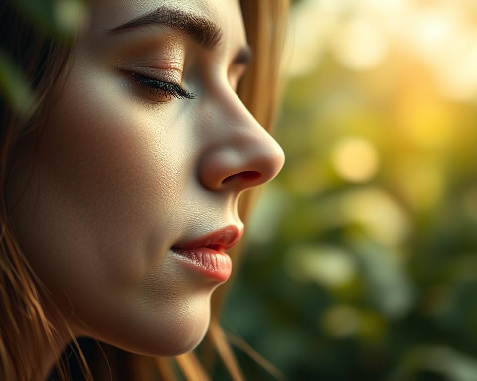 A serene, intuitive connection between human and nature, depicted through a close-up view of a woman's face, her eyes closed in deep contemplation, her features bathed in soft, natural lighting. The background is blurred, creating a dreamlike, ethereal atmosphere, with hints of lush greenery and a calming, neutral color palette. The composition emphasizes the subject's sense of inner focus and introspection, inviting the viewer to pause and reflect on the power of intuitive awareness.