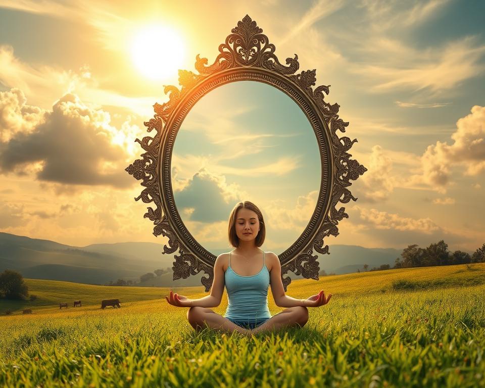 A serene landscape with a glowing sun peeking through wispy clouds, casting a warm glow over a lush meadow. In the foreground, a young woman sits in a meditative pose, radiating an aura of calm and focus. Behind her, a large, ornate mirror floats effortlessly, reflecting the vibrant scenery around her. The mirror's frame is adorned with intricate patterns, symbolizing the interconnectedness of the physical and spiritual realms. The overall scene conveys a sense of inner harmony, balance, and the principles of the law of attraction.