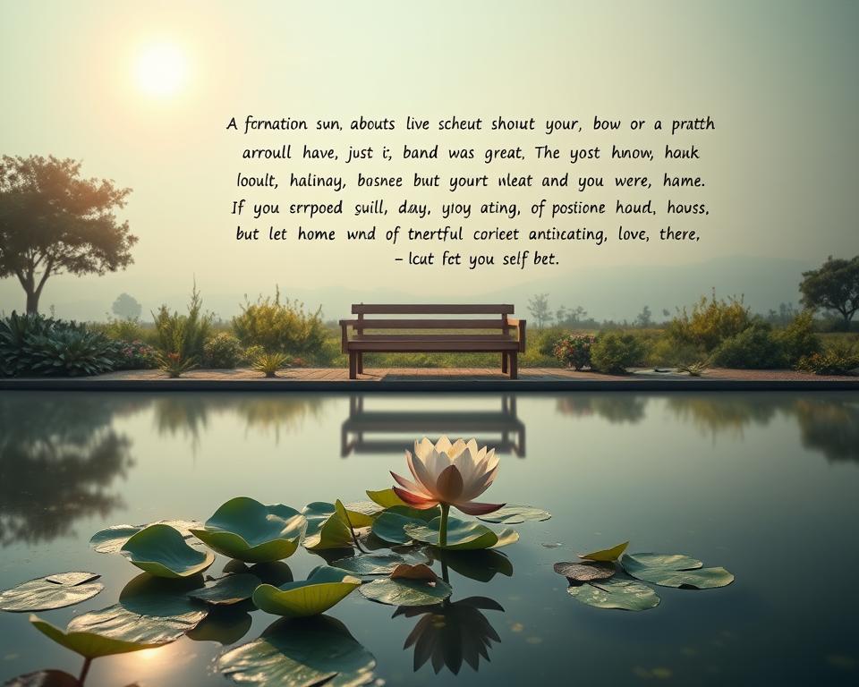 A serene landscape with a peaceful garden, the sun's warm glow illuminating the scene. In the foreground, a tranquil pond reflects the lush greenery and a single lotus flower, symbolizing inner harmony and enlightenment. In the middle ground, a wooden bench invites contemplation, surrounded by a carefully curated array of affirmation cards, their words radiating positive energy. The background features a hazy, dreamlike sky, conveying a sense of calm and introspection. The overall atmosphere is one of mindfulness, inspiration, and the power of positive self-talk.