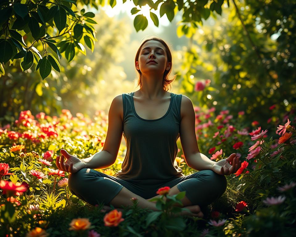 A serene, meditative scene of a person sitting cross-legged in a lush, verdant garden. Sunlight filters through the leaves, casting a warm glow on the figure's face as they appear deep in thought, their eyes closed in a state of focused contemplation. The background is filled with an abundance of vibrant flowers, their petals swaying gently in a soft breeze. The overall atmosphere is one of tranquility, introspection, and a sense of inner harmony, reflecting the process of "reprogramming the mind" and tapping into a state of abundance.
