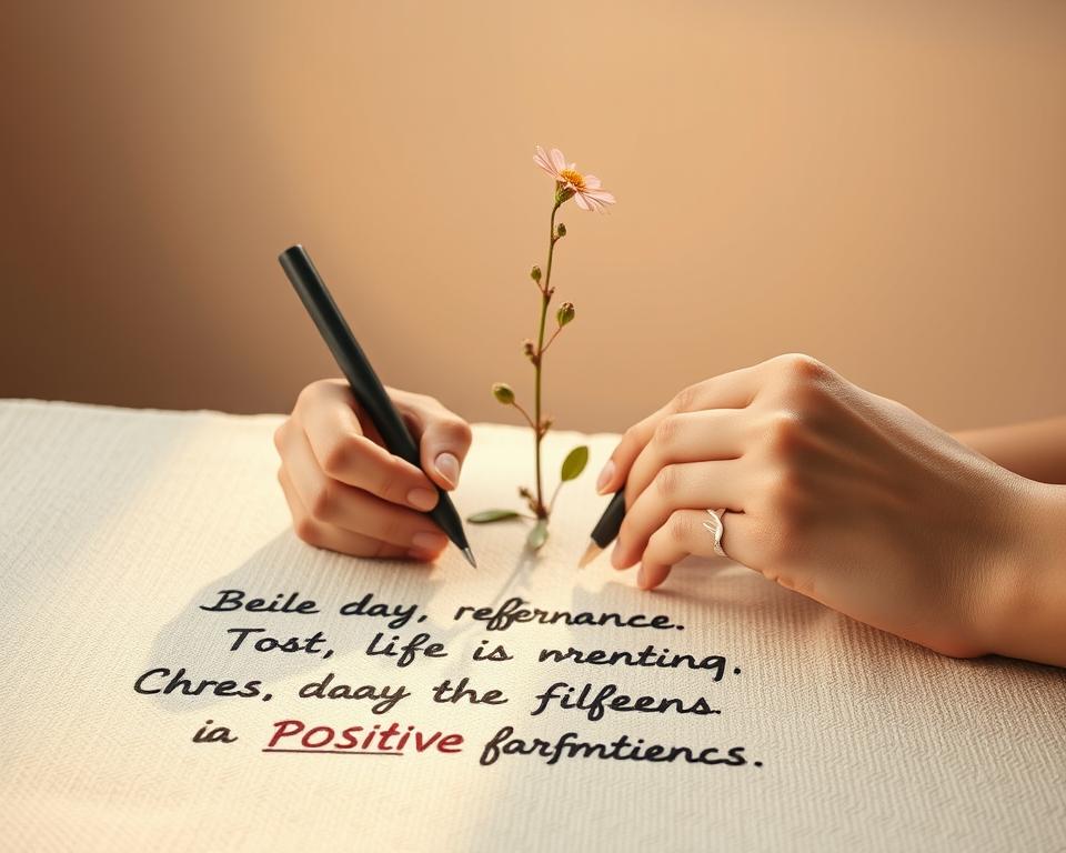 A serene, minimalist scene showcasing the power of positive affirmations. In the foreground, a woman's hands are writing bold, confident affirmations on a textured, cream-colored surface, illuminated by warm, natural lighting. The middle ground features a delicate, flowering plant, symbolizing growth and new beginnings. The background is a soft, muted gradient, creating a sense of focus and tranquility. The overall composition conveys a feeling of inner strength, clarity, and manifestation. The image should be captured with a shallow depth of field, emphasizing the hands and affirmations as the central focal point.