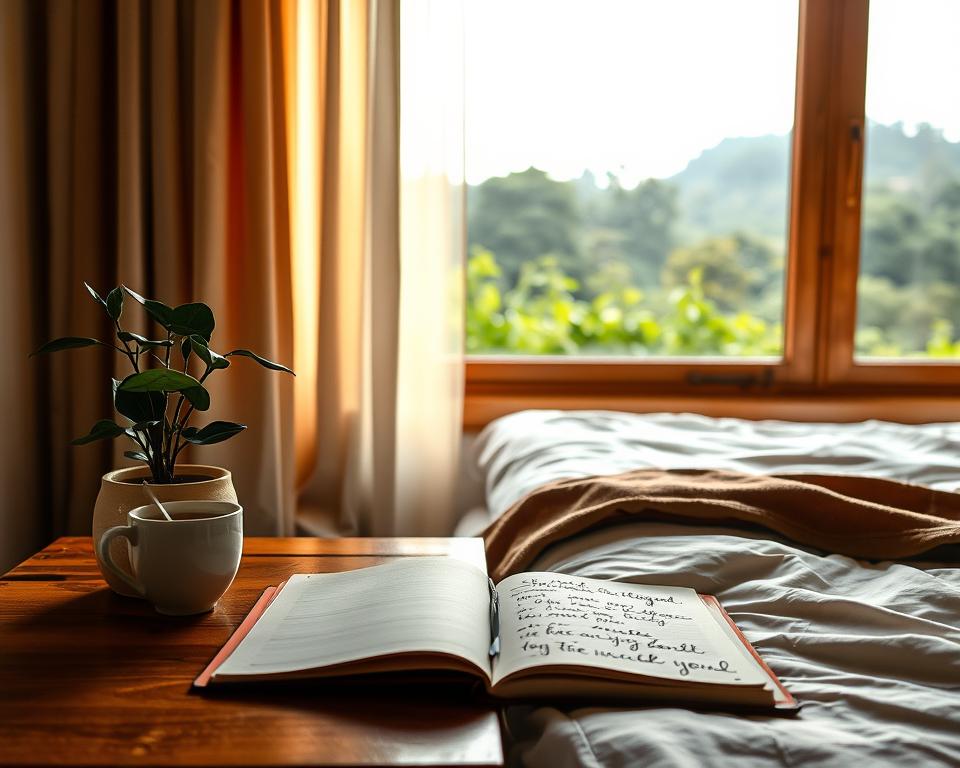 A serene morning scene featuring a tranquil bedroom setting. In the foreground, a wooden bedside table holds a potted plant, a cup of steaming tea, and a journal open to a page of handwritten affirmations. Warm, diffused light filters through sheer curtains, casting a gentle glow on the scene. The middle ground showcases a comfortable bed with crisp, white linens, inviting the viewer to pause and reflect. In the background, a large window overlooks a lush, verdant landscape, symbolizing the abundance and rejuvenation that comes with the morning. The overall atmosphere conveys a sense of calm, mindfulness, and self-care.