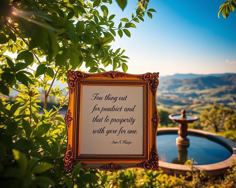 A serene, sun-dappled scene of lush, verdant foliage. In the foreground, an ornate golden frame holds a handwritten affirmation in elegant calligraphy, radiating an aura of prosperity and abundance. The middle ground features a tranquil water feature, its soothing sounds complementing the peaceful ambiance. In the background, a panoramic vista of rolling hills and a clear, azure sky, conveying a sense of expansiveness and limitless potential. Warm, diffused lighting casts a soft, ethereal glow, evoking a feeling of optimism and inner harmony. The overall composition is balanced and harmonious, inviting the viewer to pause and reflect on the power of daily affirmations to manifest abundance and well-being.
