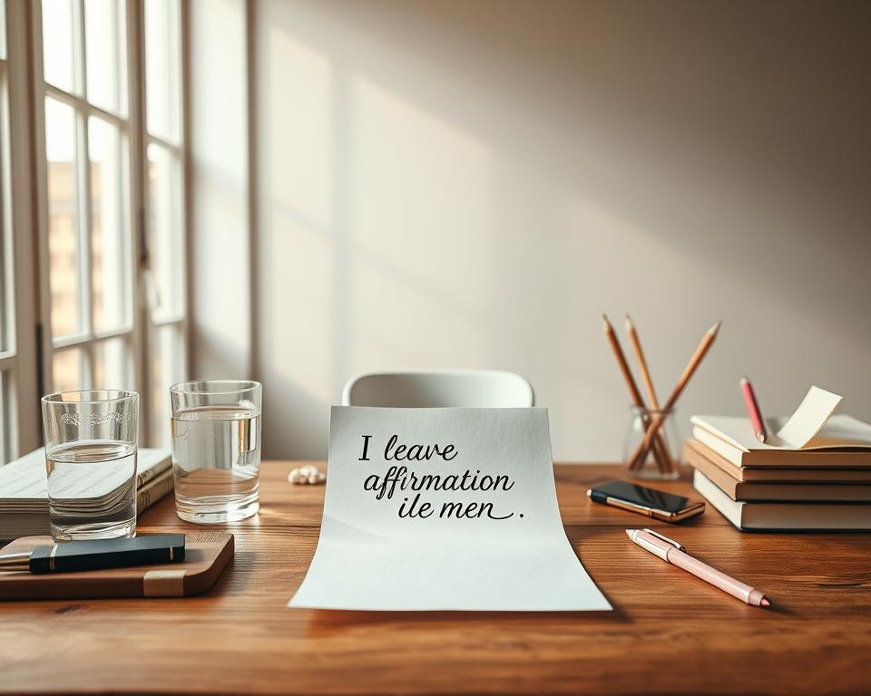 A serene workspace with a wooden desk, a glass of water, and various stationery items. In the center, a calligraphy pen hovers over a blank sheet of paper, ready to create a personalized affirmation. Soft, natural lighting filters through large windows, casting a warm glow. The background features a minimalist, neutral-toned wall, creating a peaceful, contemplative atmosphere. The composition emphasizes the act of crafting one's own affirmations, inviting the viewer to pause and reflect on the power of positive self-talk.