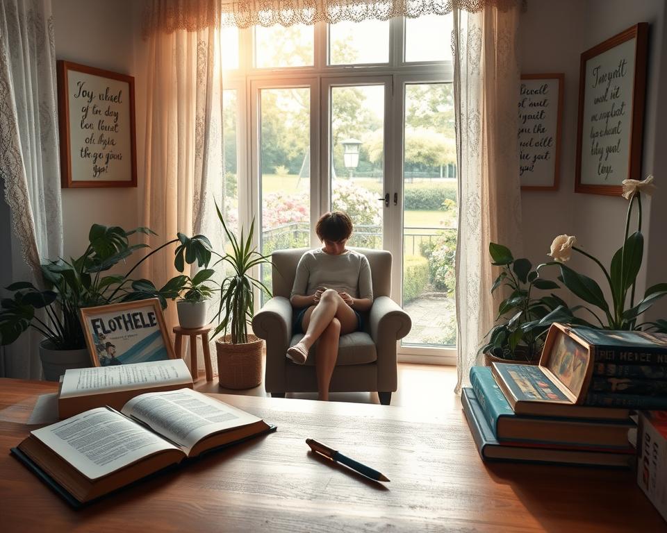 A tranquil morning scene, bathed in warm, diffused natural light filtering through lace curtains. In the foreground, a wooden desk holds an open journal, a pen, and an assortment of self-help books. On the wall behind, inspirational affirmations in calligraphic script are displayed in elegant frames. The middle ground features a cozy armchair, where a person sits in quiet contemplation, surrounded by houseplants and a mug of steaming tea. In the background, a large window offers a serene view of a garden in bloom. The overall atmosphere is one of introspection, mindfulness, and a sense of daily routine dedicated to personal growth and manifestation.