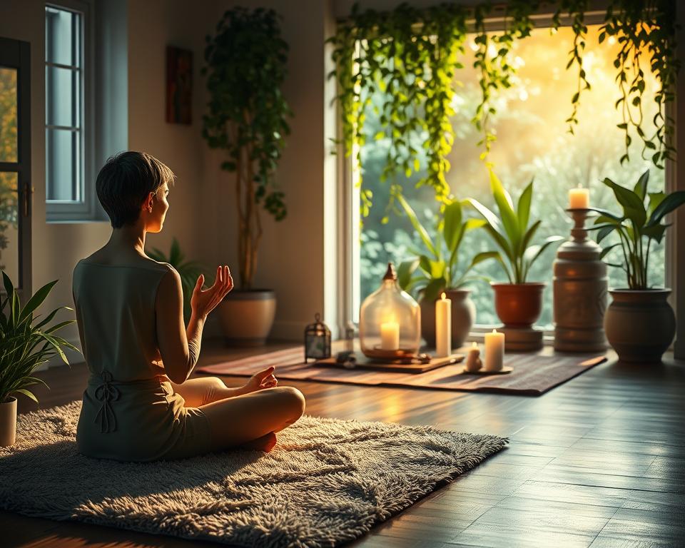 A tranquil morning scene depicting a serene ritual of abundance and prosperity. The foreground shows a serene figure sitting cross-legged on a plush rug, performing a peaceful meditation pose with hands in a mudra. Soft, warm lighting from a nearby window casts a gentle glow, creating an atmosphere of inner calm and reflection. In the middle ground, an altar adorned with candles, crystals, and symbolic objects sits in a cozy, uncluttered space. The background features a lush, verdant indoor garden, with trailing vines and potted plants creating a soothing, natural ambiance. The overall mood is one of quiet contemplation, spiritual renewal, and a sense of abundance and wellbeing.