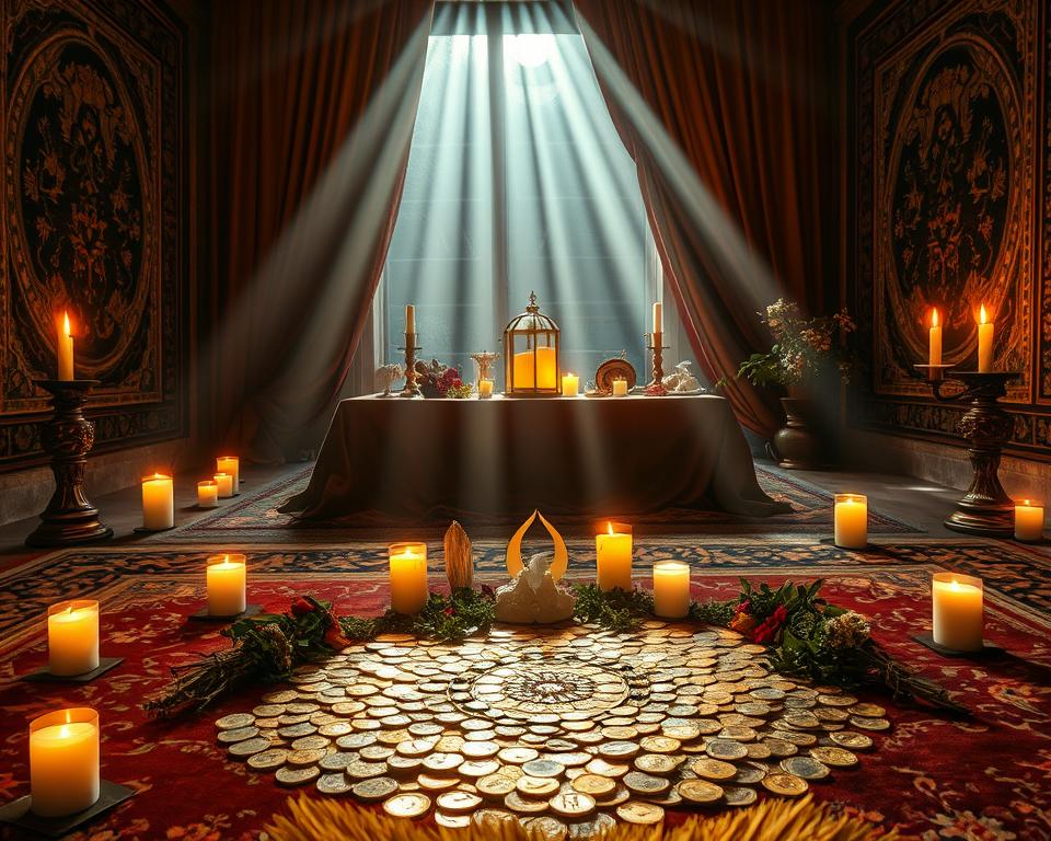 A tranquil ritual space for abundance, bathed in the soft glow of candlelight. In the foreground, a mandala of golden coins, crystals, and herbs - symbols of prosperity. Behind it, an ornate altar draped in rich fabrics, adorned with candles, flowers, and a crescent moon. The walls are adorned with intricate tapestries, while the floor is covered in plush rugs. Beams of moonlight stream in through a large window, casting a serene, ethereal atmosphere. The overall scene evokes a sense of harmony, mindfulness, and the opportunity to manifest abundance through intentional practice. A tranquil ritual space for abundance, bathed in the soft glow of candlelight. In the foreground, a mandala of golden coins, crystals, and herbs - symbols of prosperity. Behind it, an ornate altar draped in rich fabrics, adorned with candles, flowers, and a crescent moon. The walls are adorned with intricate tapestries, while the floor is covered in plush rugs. Beams of moonlight stream in through a large window, casting a serene, ethereal atmosphere. The overall scene evokes a sense of harmony, mindfulness, and the opportunity to manifest abundance through intentional practice.