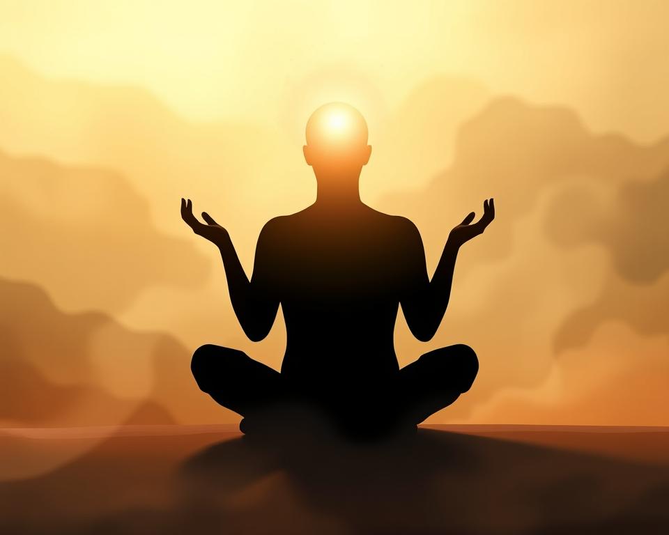 A tranquil, serene scene depicting the intuitive connection between mind and body. A silhouetted figure sits cross-legged, palms upturned, bathed in soft, warm lighting. The background is a hazy, abstract landscape of muted colors, evoking a sense of introspection and inner focus. Delicate, organic shapes and lines flow throughout, creating a visually harmonious and meditative composition. The overall mood is one of calm, clarity, and the effortless attunement of one's innate intuitive faculties.