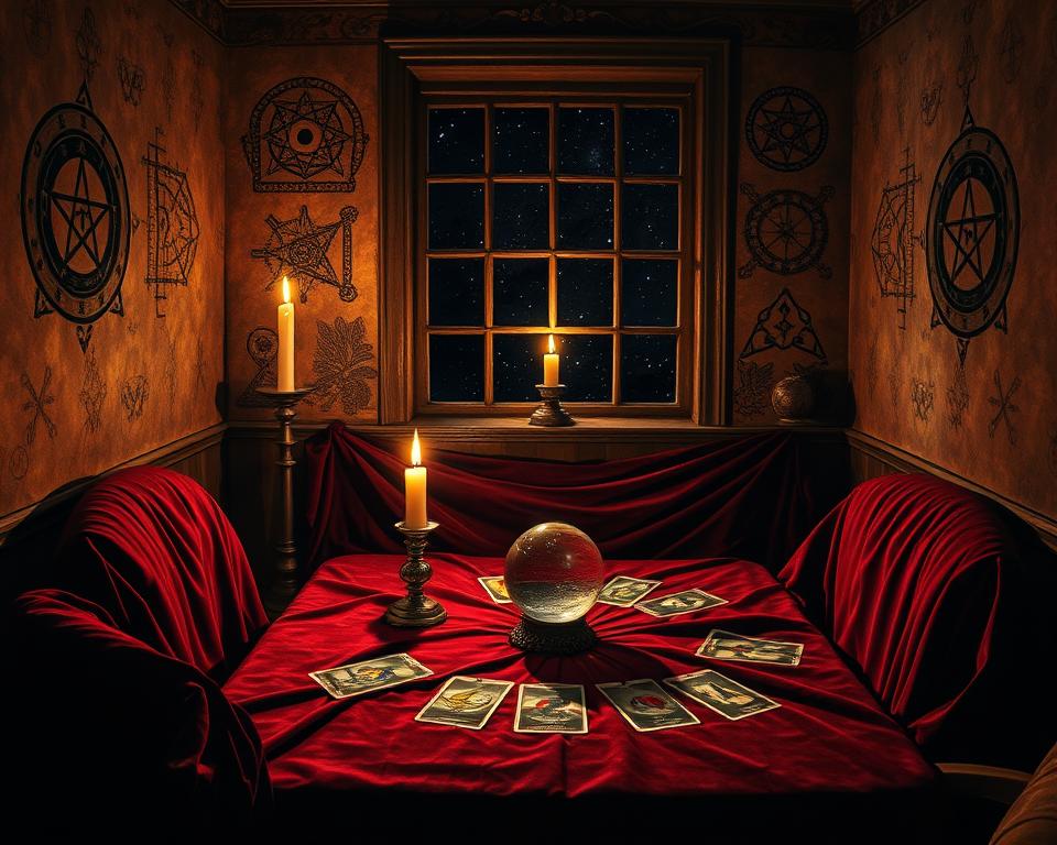 An intimate, sacred tarot reading space with a velvet-draped table, a crystal ball, and a single flickering candle. The atmosphere is hushed and contemplative, the soft light casting gentle shadows that dance across the rich, jewel-toned fabrics. Mystical symbols and sigils adorn the walls, creating an atmosphere of spiritual introspection. A single window frames an inky night sky, hinting at the unseen mysteries of the cosmos. The scene evokes a sense of timeless wisdom and a deep connection to the divine.