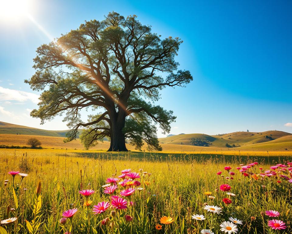 Prompt A serene, sun-dappled meadow with vibrant wildflowers in the foreground. In the middle ground, a majestic oak tree stands tall, its branches reaching towards the sky. Shimmering rays of light filter through the leaves, casting a warm, golden glow over the scene. In the background, rolling hills and a cloudless azure sky create a sense of balance and tranquility. The overall atmosphere exudes a harmonious energy, symbolizing the delicate equilibrium of wealth and well-being.