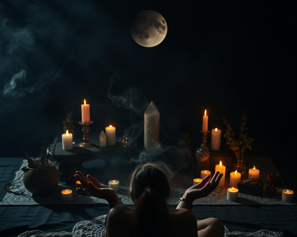 Rituals of the new moon, an intimate ceremony of illumination. A dark altar adorned with crescent candles, crystals, and herbal bundles. Mystical light casts ethereal shadows, evoking a sense of reverence and introspection. In the foreground, a serene figure meditates, palms upturned to receive the moon's blessings. Wisps of incense drift through the frame, creating an atmosphere of tranquility and spiritual awakening. The background blurs into a hazy, otherworldly landscape, suggesting a connection to the cosmic forces. Soft, diffused lighting from above enhances the meditative, introspective mood. Capture the essence of this transformative new moon ritual with a cinematic, evocative image. Rituals of the new moon, an intimate ceremony of illumination. A dark altar adorned with crescent candles, crystals, and herbal bundles. Mystical light casts ethereal shadows, evoking a sense of reverence and introspection. In the foreground, a serene figure meditates, palms upturned to receive the moon's blessings. Wisps of incense drift through the frame, creating an atmosphere of tranquility and spiritual awakening. The background blurs into a hazy, otherworldly landscape, suggesting a connection to the cosmic forces. Soft, diffused lighting from above enhances the meditative, introspective mood. Capture the essence of this transformative new moon ritual with a cinematic, evocative image.