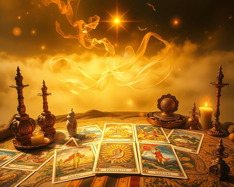 Tirage tarot abondance: A mystical display of tarot cards and esoteric symbols, bathed in a warm, golden light. In the foreground, a spread of tarot cards, each depicting vibrant imagery of prosperity, wealth, and fulfillment. Surrounding the cards, a soft, ethereal glow emanates, hinting at the unseen forces guiding the divination. In the middle ground, wispy tendrils of energy intertwine, weaving a tapestry of potential and possibility. In the background, a hazy, dreamlike landscape unfolds, suggesting the infinite realms of the subconscious and the boundless nature of abundance. The overall atmosphere is one of tranquility, introspection, and the promise of a future filled with abundance and prosperity. Tirage tarot abondance: A mystical display of tarot cards and esoteric symbols, bathed in a warm, golden light. In the foreground, a spread of tarot cards, each depicting vibrant imagery of prosperity, wealth, and fulfillment. Surrounding the cards, a soft, ethereal glow emanates, hinting at the unseen forces guiding the divination. In the middle ground, wispy tendrils of energy intertwine, weaving a tapestry of potential and possibility. In the background, a hazy, dreamlike landscape unfolds, suggesting the infinite realms of the subconscious and the boundless nature of abundance. The overall atmosphere is one of tranquility, introspection, and the promise of a future filled with abundance and prosperity.